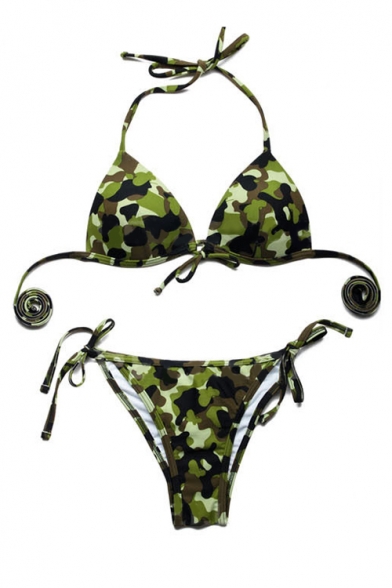 Camouflage Print Tie Front Triangle Bikini Set Beautifulhalo