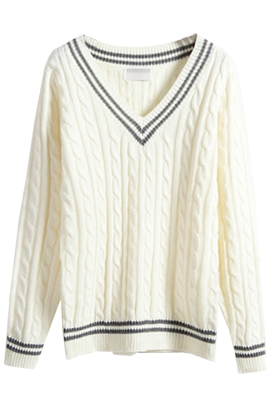 Cable Knit Stripe V Neck Long Sleeve Sweater Beautifulhalo