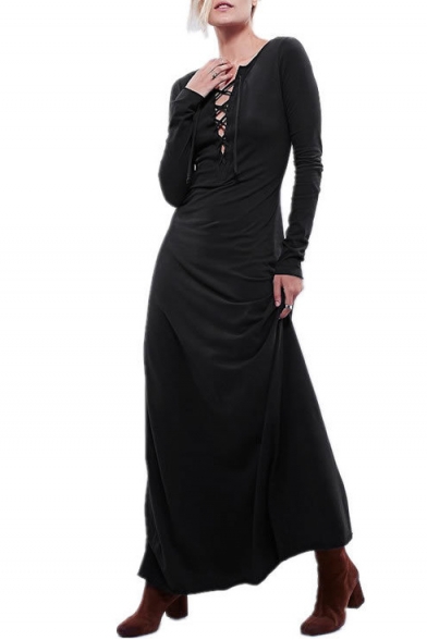 Cross Tie Front Black Maxi Dress