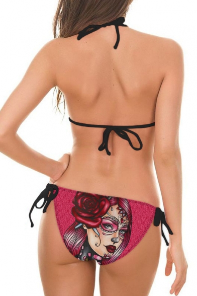 Reviews For Lady Face Print Halter Triangle String Bikini Set Swimwear