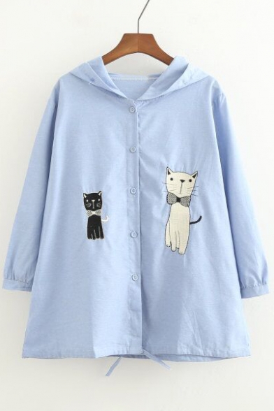 New Fashion Lovely Cartoon Cat Embroidered Hooded Long Sleeve Buttons Down Coat, White;light blue
New Fashion Lovely Cartoon Cat Embroidered Hooded Long Sleeve Buttons Down Coat, White;light blue