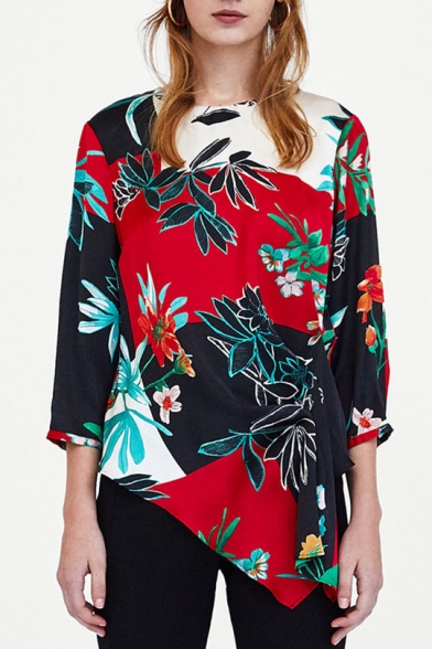 Trendy Floral Leaf Print Color Block Round Neck Loose Asymmetrical Hem Blouse
Trendy Floral Leaf Print Color Block Round Neck Loose Asymmetrical Hem Blouse