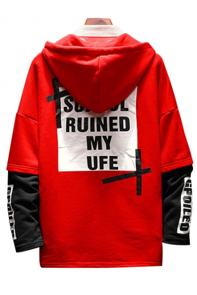 Leisure Color Block Letter Print Layered Sleeve Pullover Hoodie, LC465914, Black;red
Leisure Color Block Letter Print Layered Sleeve Pullover Hoodie, LC465914, Black;red