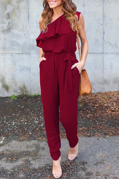 Holiday One Shoulder Ruffle Detail Tied Waist Slim Plain Jumpsuit, Black;blue;green;red
Holiday One Shoulder Ruffle Detail Tied Waist Slim Plain Jumpsuit, Black;blue;green;red