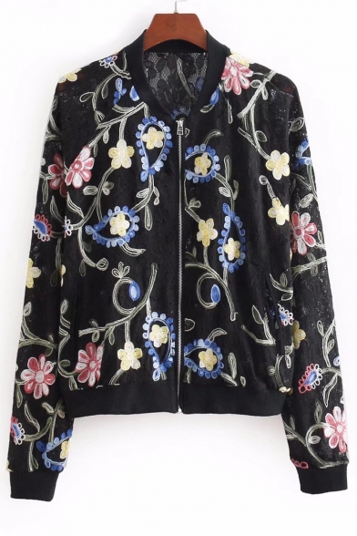 

Floral Embroidered Lace Stand Up Collar Long Sleeve Zip Up Baseball Jacket, LC473677