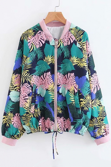 Leaf Printed Stand Up Collar Long Sleeve Zip Up Drawstring Hem Baseball Jacket
Leaf Printed Stand Up Collar Long Sleeve Zip Up Drawstring Hem Baseball Jacket