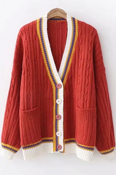 Contrast Striped Trim V Neck Long Sleeve Button Front Ribbed Cardigan, LC486857, Blue;red;white
Contrast Striped Trim V Neck Long Sleeve Button Front Ribbed Cardigan, LC486857, Blue;red;white