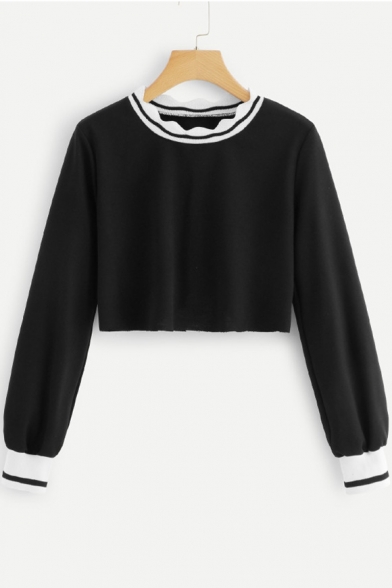 

Popular Long Sleeve Round Neck Rib Cuff Black Cropped Sweatshirt
