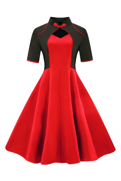 New Stylish Stand Collar Short Sleeve Color Block Midi Fit and Flared Dress, Black;red, LC494346
New Stylish Stand Collar Short Sleeve Color Block Midi Fit and Flared Dress, Black;red, LC494346