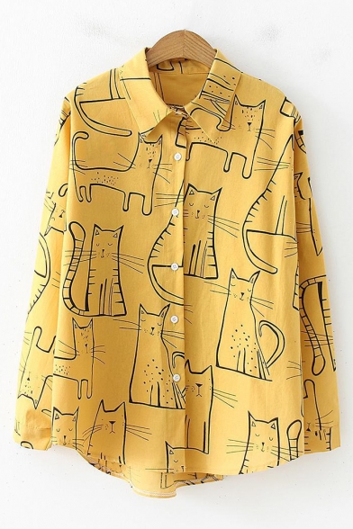 Vintage Cartoon Cat Pattern Long Sleeve Loose Fit Button Shirt, Pink;white;ginger, LC505616
Vintage Cartoon Cat Pattern Long Sleeve Loose Fit Button Shirt, Pink;white;ginger, LC505616