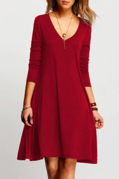 Women' Basic Simple Plain V-Neck Long Sleeve Red Mini A-Line Dress, LM511031
Women' Basic Simple Plain V-Neck Long Sleeve Red Mini A-Line Dress, LM511031