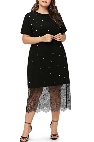 Women's Unique Polka Dot Short Sleeve Round Neck Lace Patch Midi Black Dress, LM525782
Women's Unique Polka Dot Short Sleeve Round Neck Lace Patch Midi Black Dress, LM525782