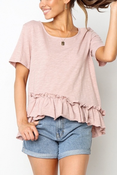 Hot Fashion Basic Solid Color Round Neck Short Sleeve Ruffled Hem Casual T-Shirt, Pink;white, LM525318
Hot Fashion Basic Solid Color Round Neck Short Sleeve Ruffled Hem Casual T-Shirt, Pink;white, LM525318