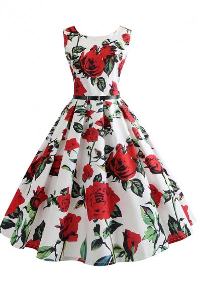 Retro Amazing Women' Sleeveless Round Neck Buckle Belt All Over Rose Print Midi Pleated Swing Dress in White, LM582928
Retro Amazing Women' Sleeveless Round Neck Buckle Belt All Over Rose Print Midi Pleated Swing Dress in White, LM582928