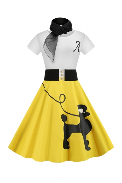 Designer Girls Short Sleeve Round Neck Belted Dog Printed Colorblock Letter A Midi Pleated Flared Dress with Scarf, Watermelon;dark blue;yellow, LM595727
Designer Girls Short Sleeve Round Neck Belted Dog Printed Colorblock Letter A Midi Pleated Flared Dress with Scarf, Watermelon;dark blue;yellow, LM595727