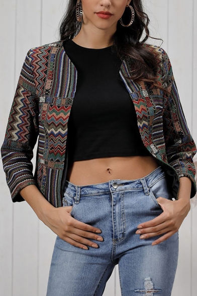 Vintage Fancy Girls Long Sleeve Collarless Open Front Tribal Stripe Printed Slim Fit Crop Jacket in Brown, LM615885
Vintage Fancy Girls Long Sleeve Collarless Open Front Tribal Stripe Printed Slim Fit Crop Jacket in Brown, LM615885