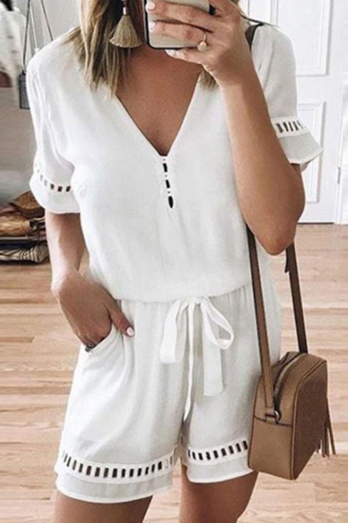 Vintage Womens Rompers Solid Color Cut-out Deep V-Neck Regular Fitted Short Sleeve Rompers, Black;blue;burgundy;white, LM684659
Vintage Womens Rompers Solid Color Cut-out Deep V-Neck Regular Fitted Short Sleeve Rompers, Black;blue;burgundy;white, LM684659