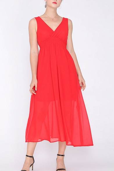 Pretty Womens Solid Color Backless Surplice Neck Sleeveless Midi A-Line Empire Waist Dress in Red, LM667665
Pretty Womens Solid Color Backless Surplice Neck Sleeveless Midi A-Line Empire Waist Dress in Red, LM667665