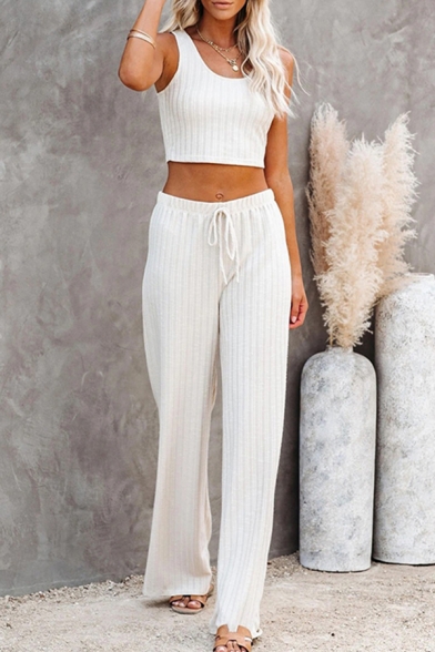 Stylish White Sleeveless Scoop Neck Regular Fit Knit Crop Tank Top & Long Wide-leg Pants Set for Women, LM686260
Stylish White Sleeveless Scoop Neck Regular Fit Knit Crop Tank Top & Long Wide-leg Pants Set for Women, LM686260