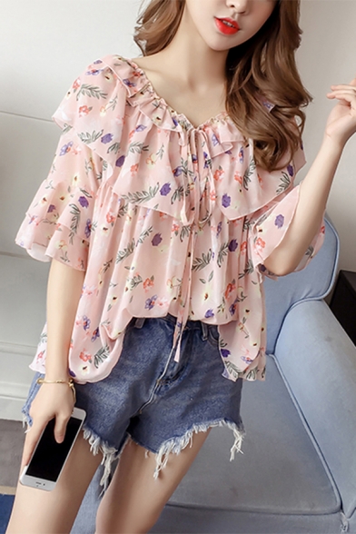 

Womens Summer Fashion Pink Floral Print Ruffled Tied Collar Flared Sleeve Casual Chiffon Blouse, LM544423