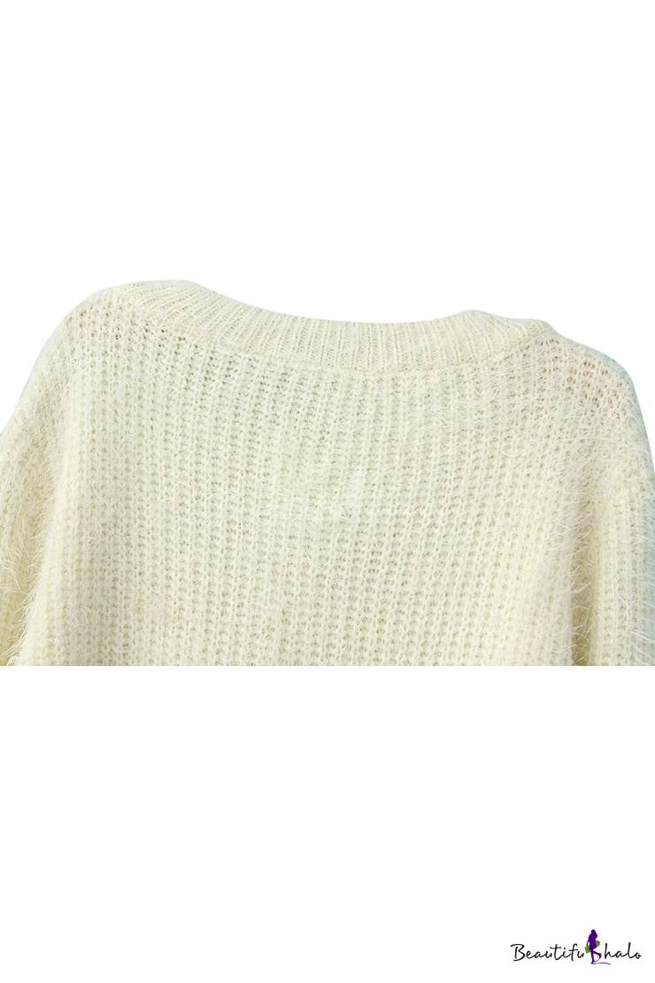 Plain Long Sleeve Mohair Knitting Needle Sweater With Round Neckline