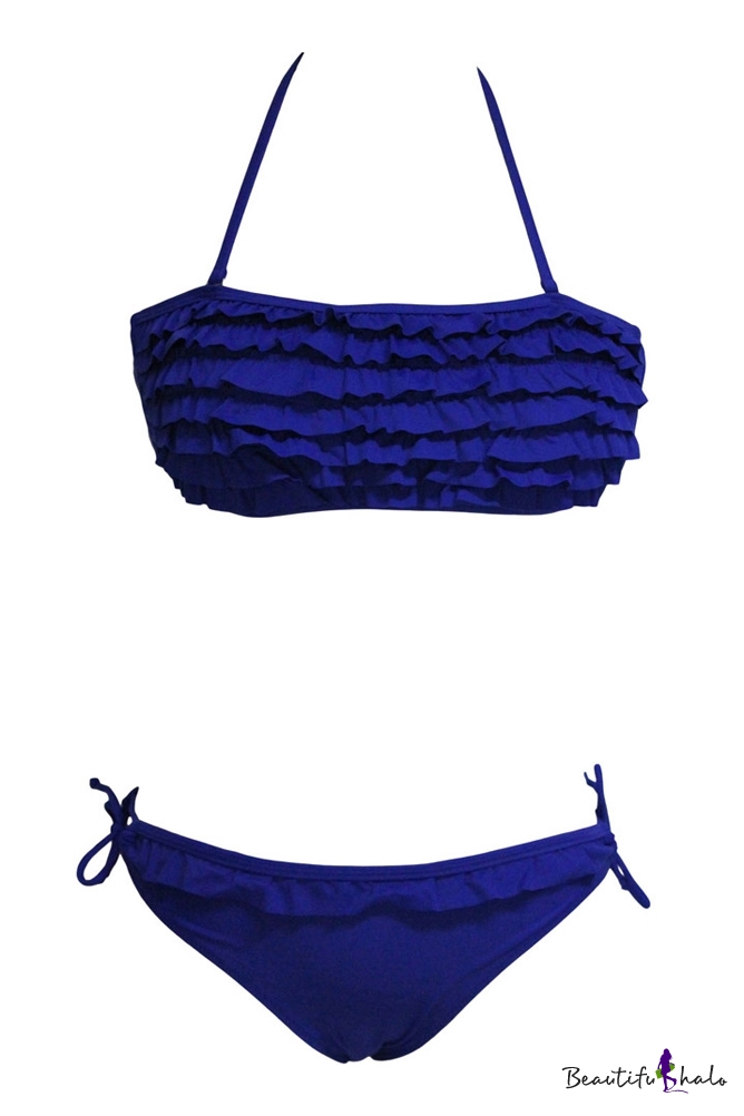 Blue Plain Halter Low Rise Ruffle Bow Bikini Set Beautifulhalo