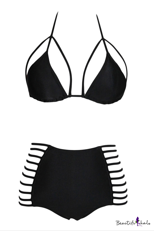 Black Halter Cutout Detail High Rise Bikini Set Beautifulhalo