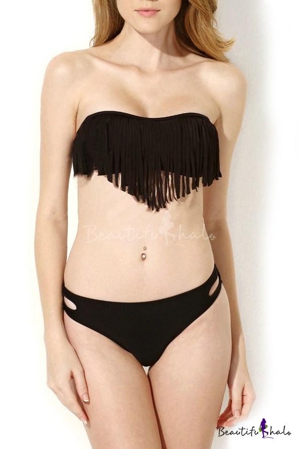 Black Strapless Tassel Top With Cutout Bottom Bikini Beautifulhalo