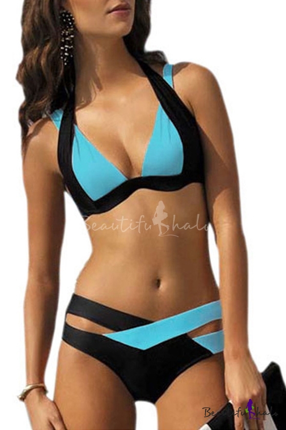 New Fashion Color Block Halter Neck Cut Out Bikini Swimwear