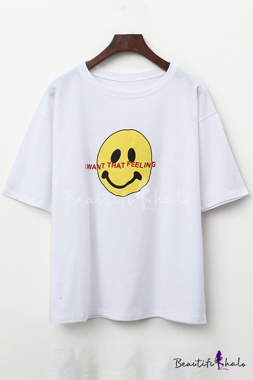 smile face letter printed round neck short sleeve tee