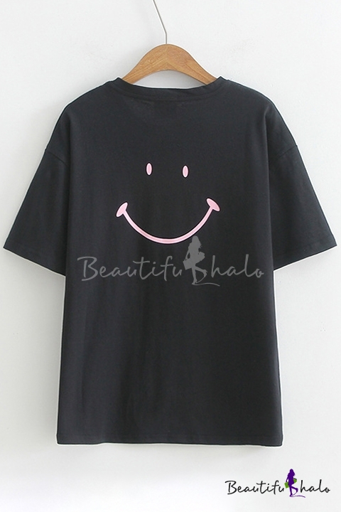 smile face printed back round neck short sleeve leisure tee