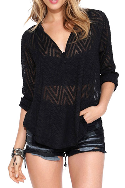 Sexy V-Neck Long Sleeve Wavy Sheer Shirt with Button Front, Black