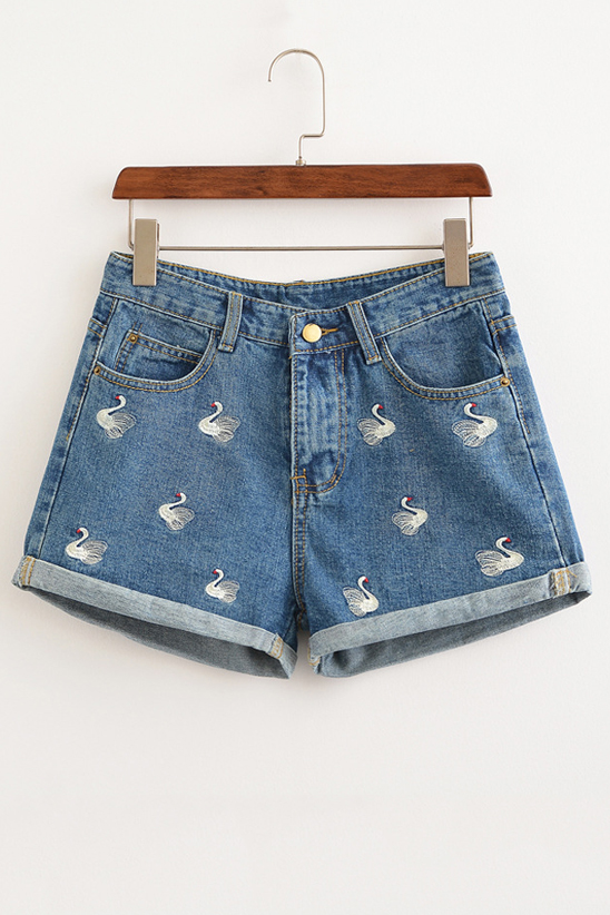 Embroidery Swan Pattern Mid Waist Denim Shorts, Blue
