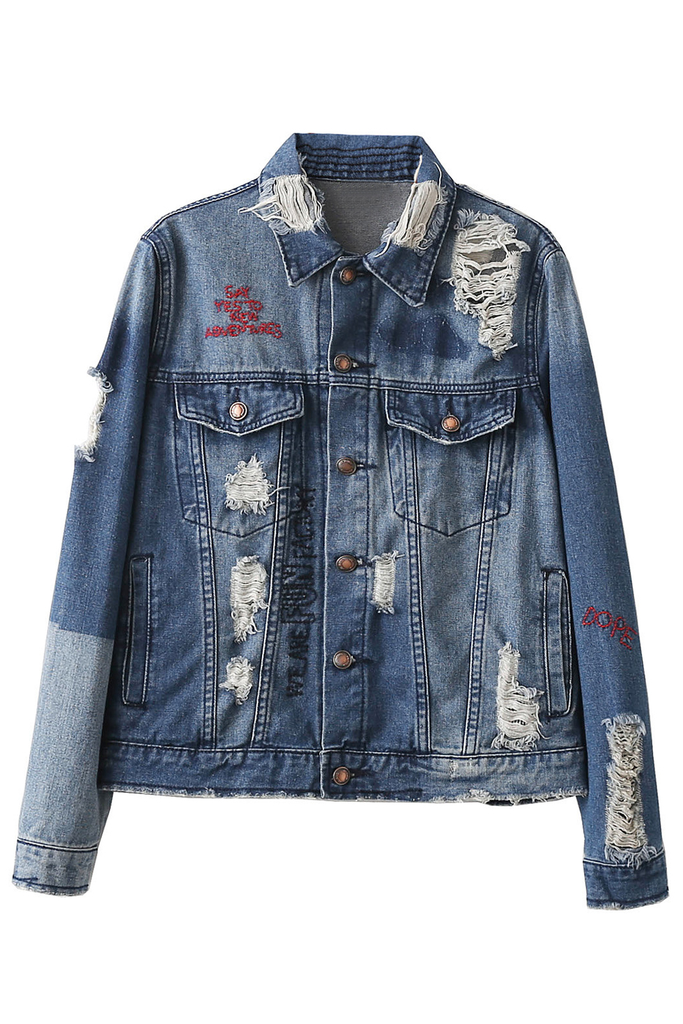 Ripped Single Breasted Studded Embroidery Letter Lapel Denim Coat with, Blue
Ripped Single Breasted Studded Embroidery Letter Lapel Denim Coat with, Blue