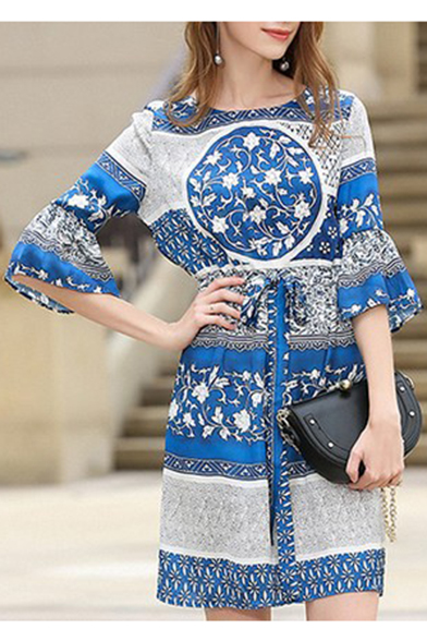 Elegant Flare Half Sleeve Tribal Printed Drawstring Waist Color Block, Blue
Elegant Flare Half Sleeve Tribal Printed Drawstring Waist Color Block, Blue
