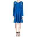 Blue Cut Out Long Sleeve Fit and Flared Dress