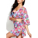Colorful Floral Print Tie Waist Slit Cover Up