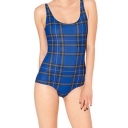 Blue One Piece Swimsuit with Plaid Print