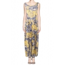 Blurred Print Sleeveless Pleated Maxi Blouson Dress