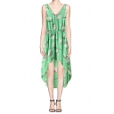 Green Printed Contrast Binding Elastic Waist High-low Dress