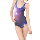 Stunning Starry Sky Print Straps One Piece Swimsuit