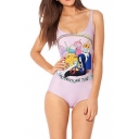 Pink One Piece Swimsuit with Colorful Cartoon Characters Print