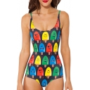 Cute Cartoon Expressions Print One Piece Swimsuit