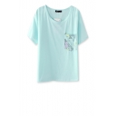Plain Round Neck Short Sleeves Cotton T-shirt with Floral Pocket