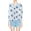 Casual Stars Print Linen Shirts with One Pocket