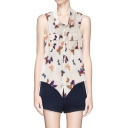 Butterfly Print Tie Front Sleeveless Top with Pockets