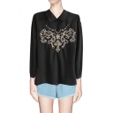 Black Embroidered Long Sleeve Blouse with Collar