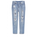 Zip Front Light Wash Distressed Jeans with Straight Leg
