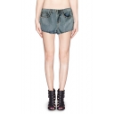 Solid Zip Fly Denim Shorts with Metal Stud