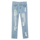 Ripped Contrast Color Lining Straight Leg Jeans